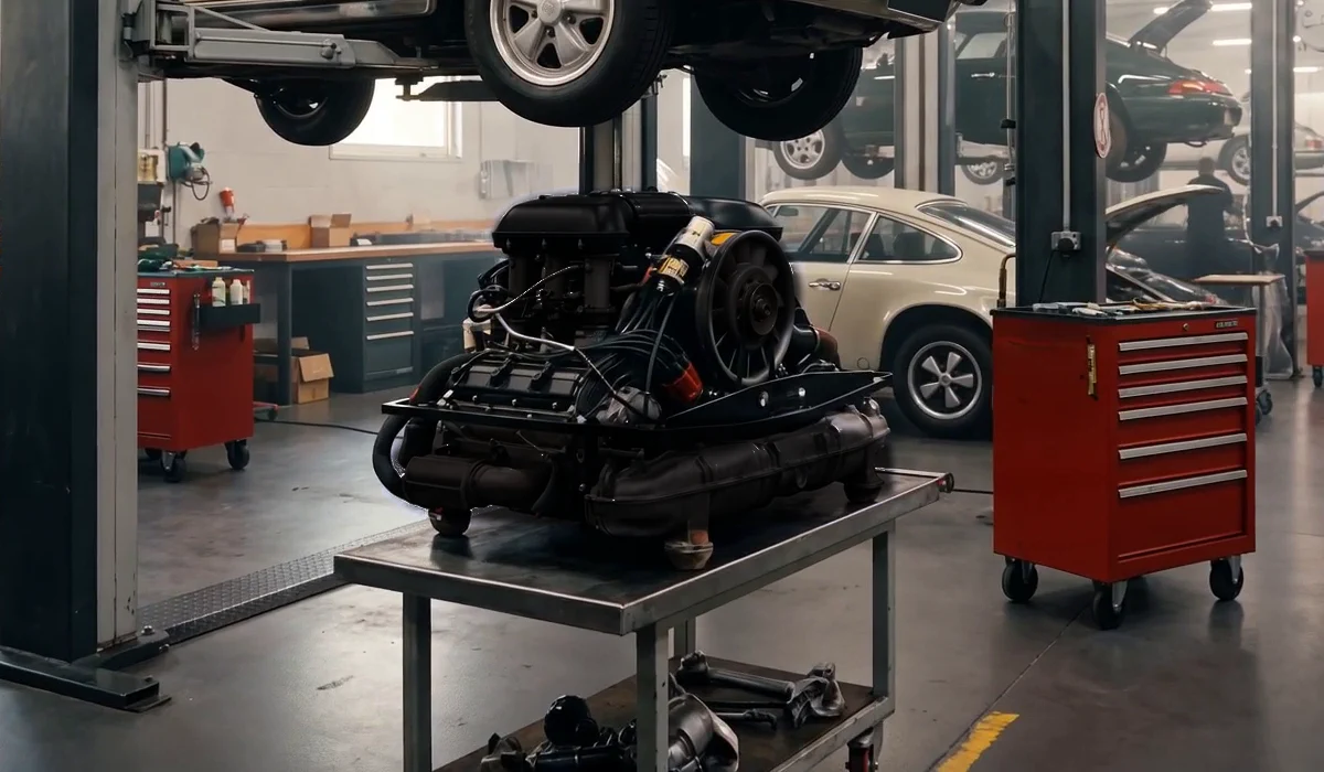 Un moteur à plat six cylindres refroidi par air, posé sur une table d’atelier, entouré de voitures de sport anciennes sur des ponts élévateurs.
