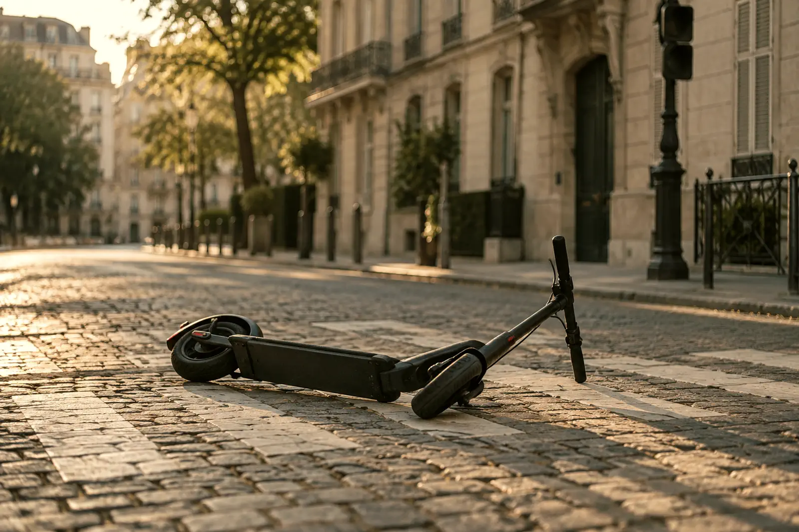 La scène d’après : l’engin immobile sur le passage piéton Une trottinette électrique noire couchée sur le flanc au milieu d’un passage piéton pavé, guidon vers le ciel, dans une rue calme aux façades anciennes couleur crème, au soleil de fin de journée.