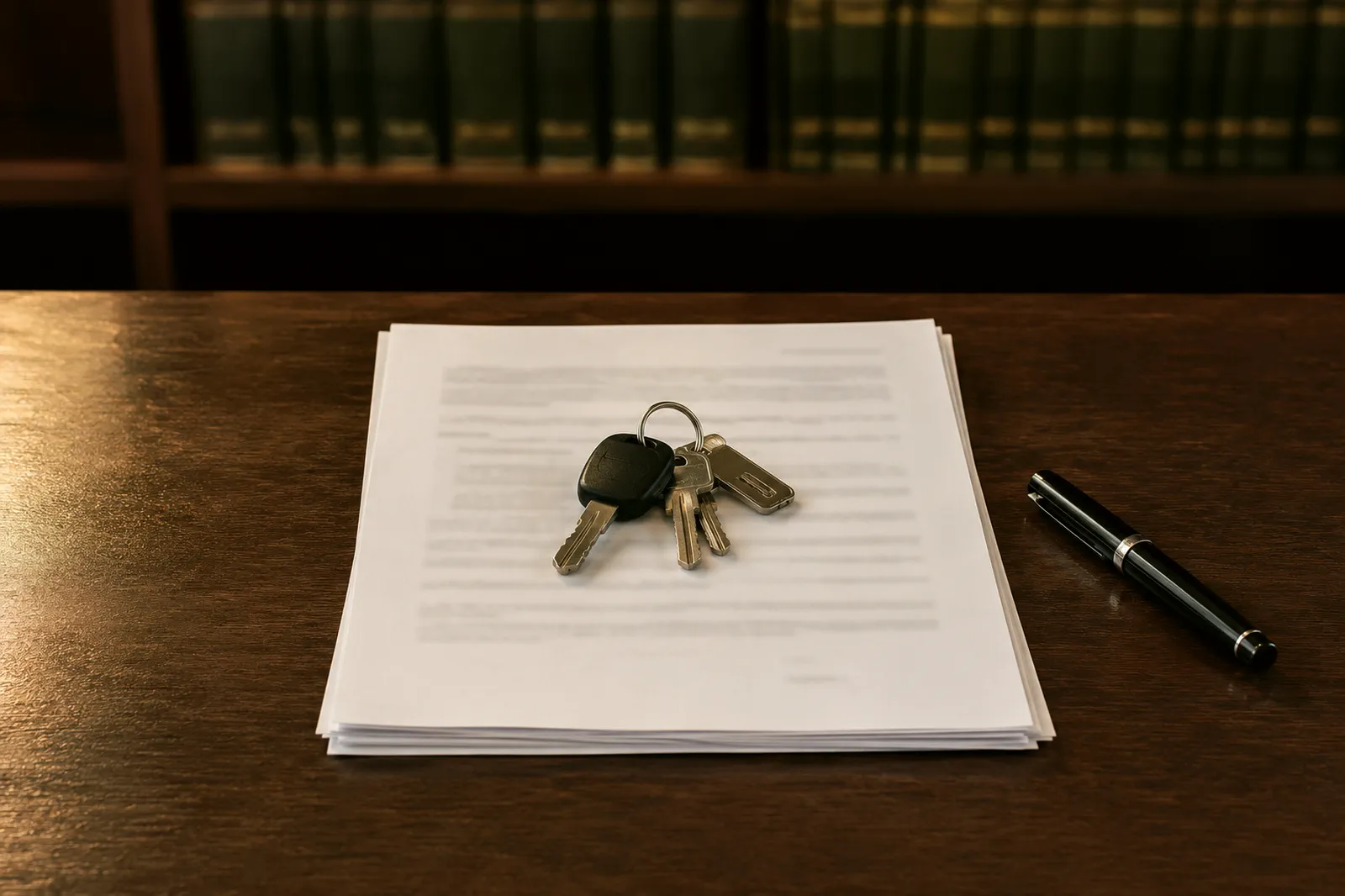 Les clés rendues sur le contrat Un trousseau de clés de voiture posé au centre d’un contrat de plusieurs pages au texte illisible, un stylo plume fermé à côté, devant une bibliothèque de reliures sombres.