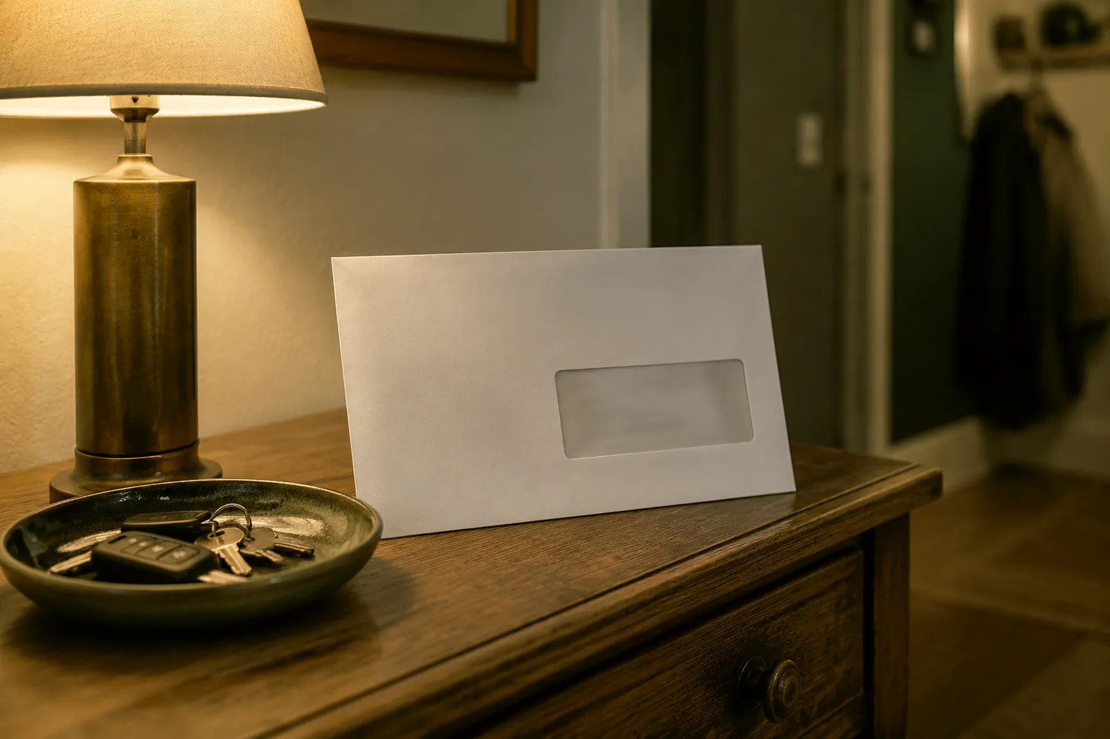 Le courrier posé dans l’entrée, encore fermé Une enveloppe à fenêtre encore fermée, appuyée contre un vide-poche contenant des clés de voiture, sur une console d’entrée éclairée par une lampe en laiton.
