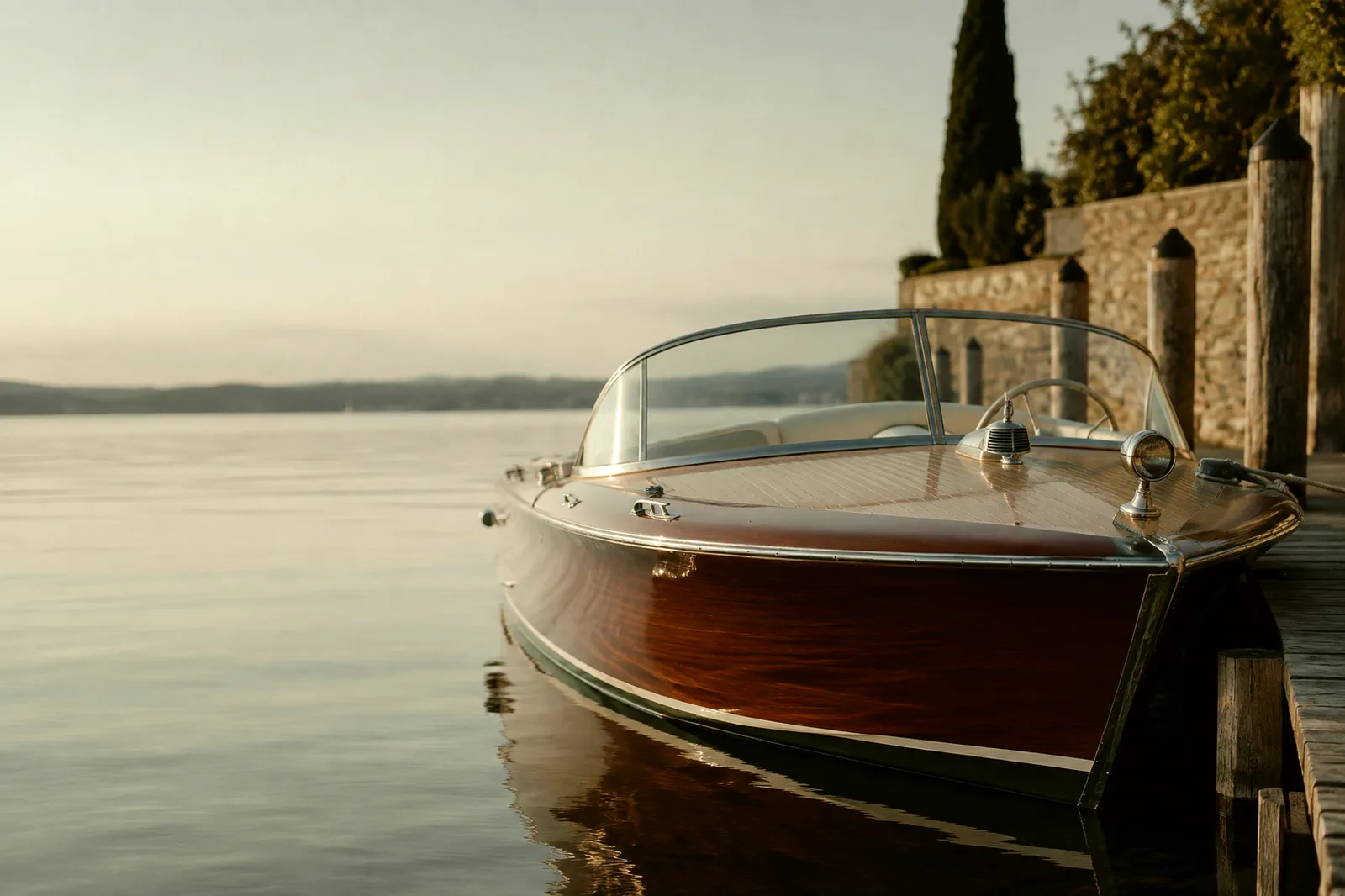 Un runabout italien en acajou verni amarré le long d’un ponton de bois en fin d’après-midi, sa coque se reflétant dans l’eau calme.