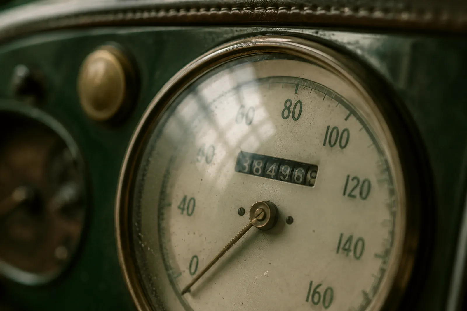 Compteur kilométrique arrêté entre deux crans Compteur kilométrique analogique d’un tableau de bord ancien, un chiffre arrêté entre deux crans.