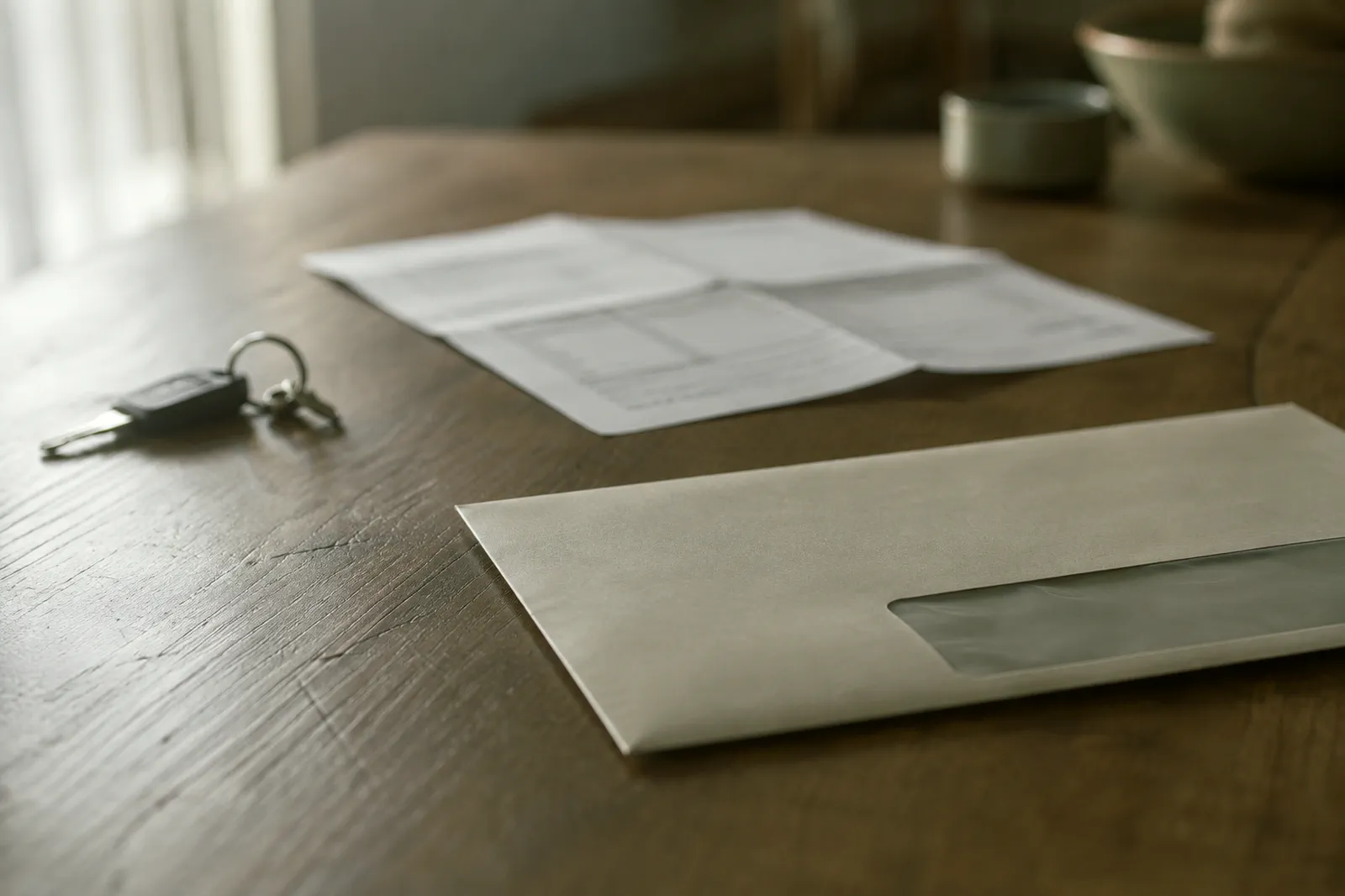 Une enveloppe à fenêtre et un document déplié sur une table en bois, à côté d’un trousseau de clés de voiture.