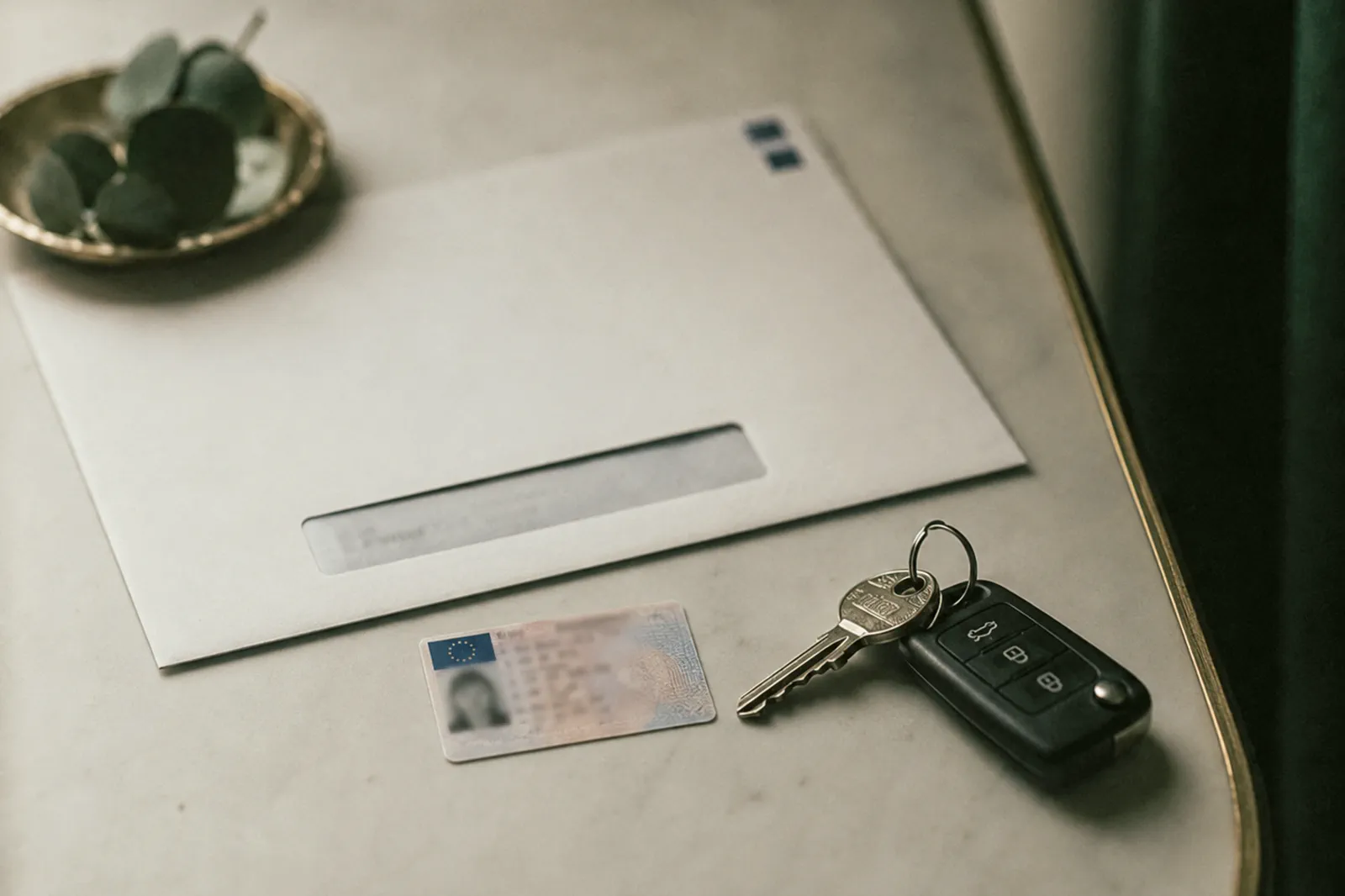 Permis, clés et courrier non décacheté Un permis de conduire et un trousseau de clés posés près d’une enveloppe à fenêtre non décachetée, sur une console.