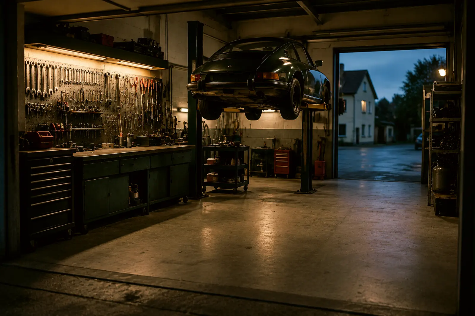 Un atelier indépendant à la nuit tombante, outils alignés sur le panneau mural, une voiture sur le pont.