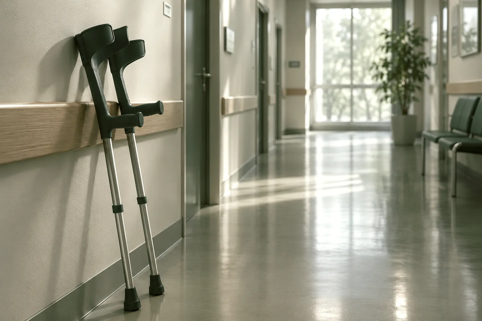 Cannes anglaises dans un couloir d’hôpital Une paire de cannes anglaises posée contre le mur d’un couloir d’hôpital désert, éclairé par une baie vitrée.