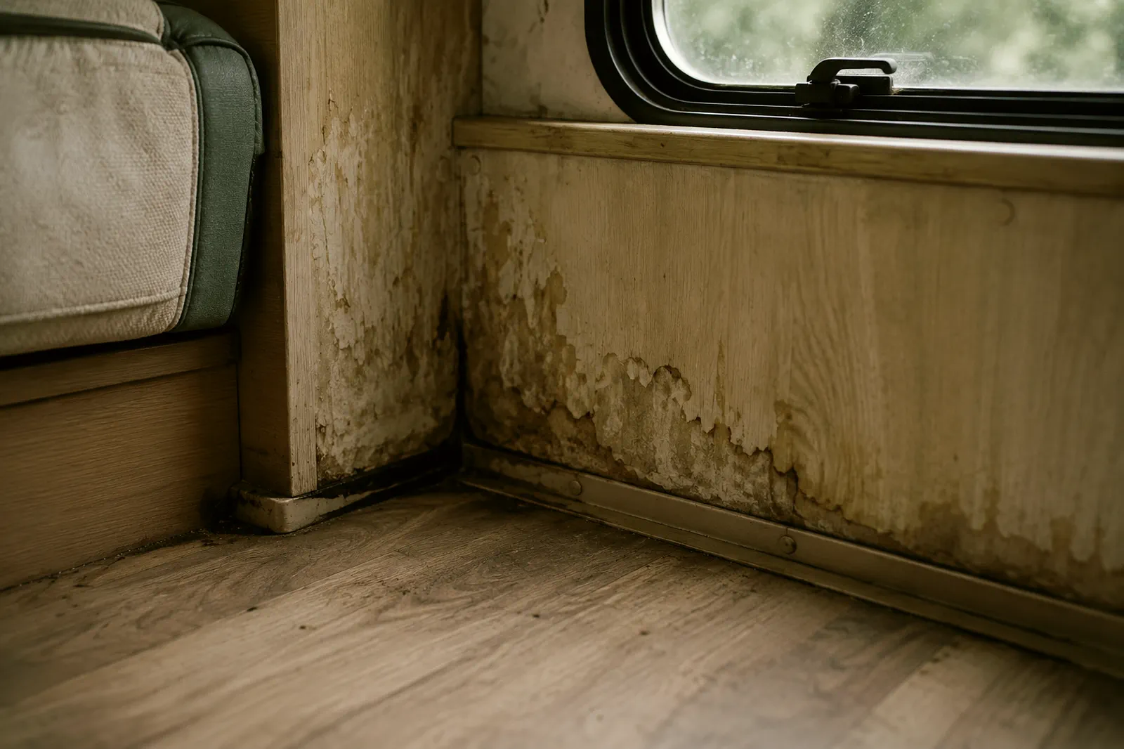 Angle intérieur d’un camping-car : le placage du bas de cloison est gonflé et taché par une infiltration d’eau.
