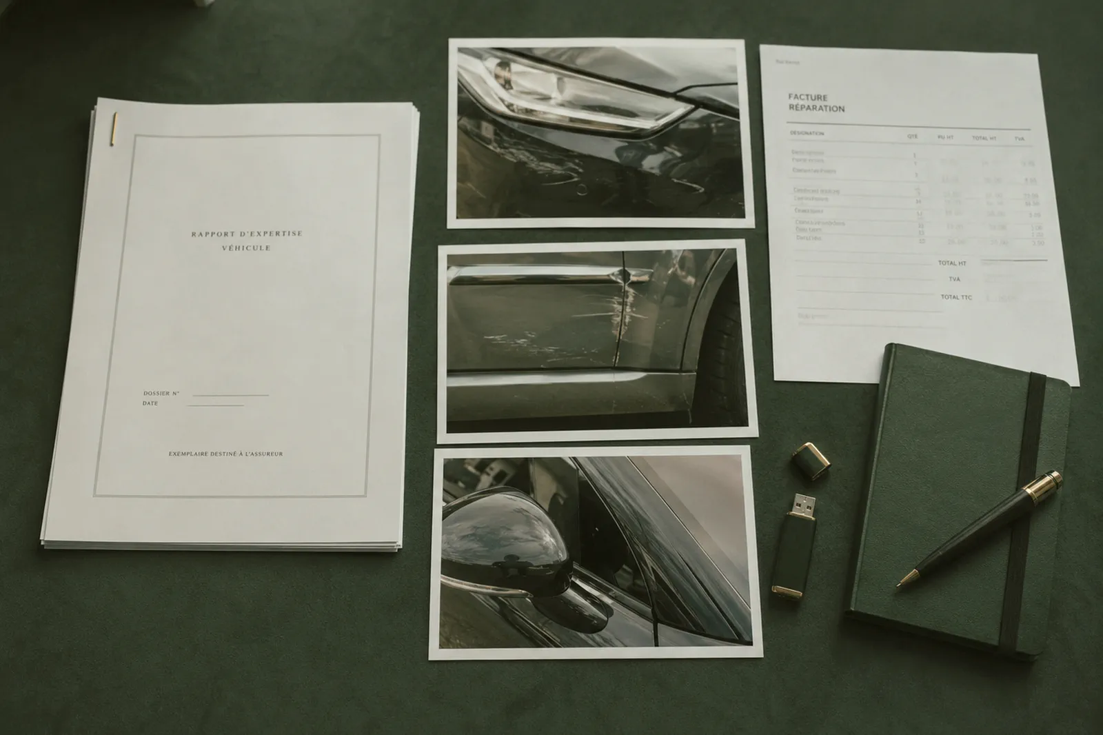 Pièces d’un dossier de vice caché Un dossier étalé à plat : rapport d’expertise, trois photographies de dommages, une facture de réparation, une clé USB et un carnet.