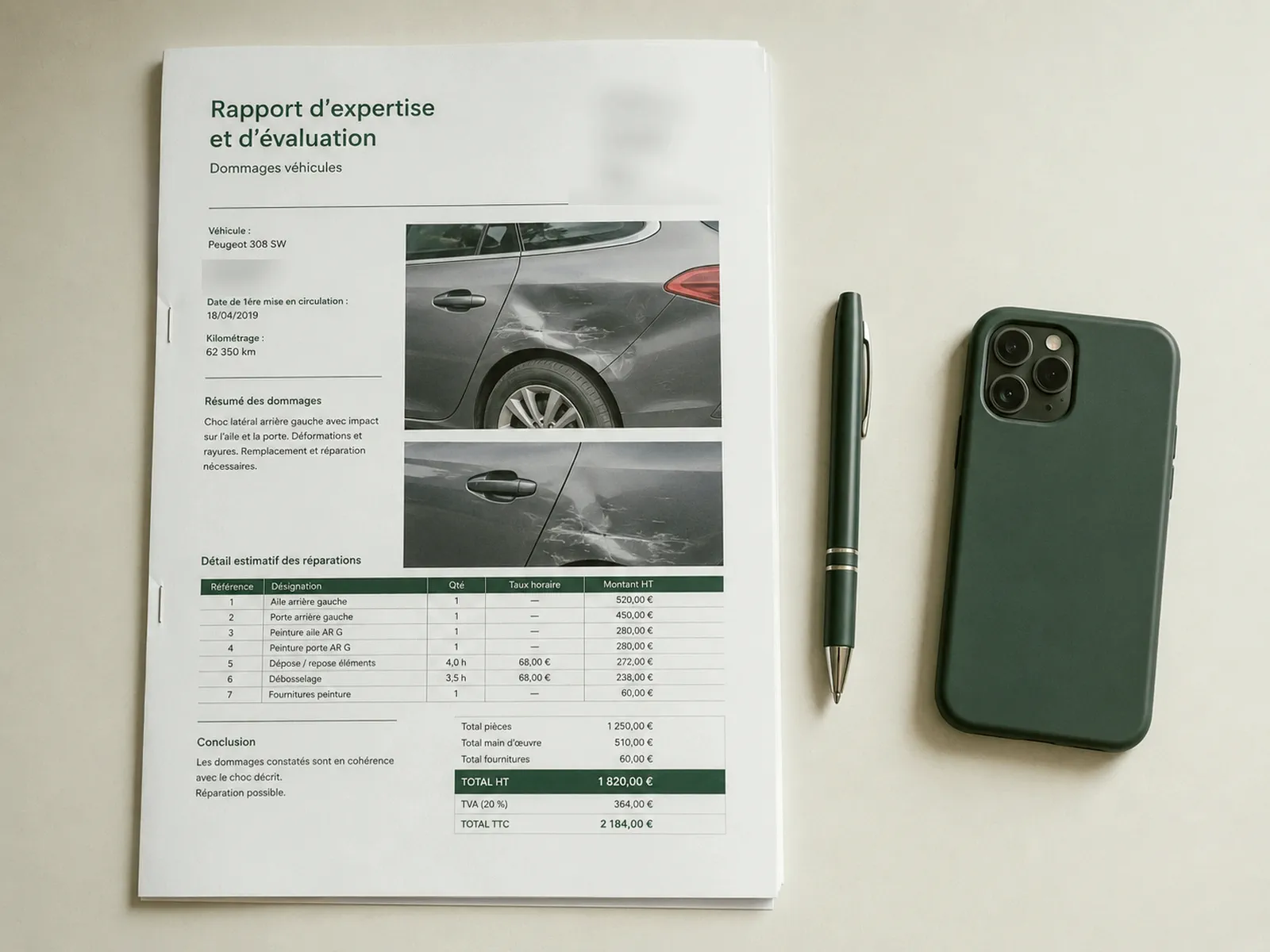 Un rapport d’expertise automobile posé à plat, ouvert sur le tableau chiffré des réparations et les totaux.
