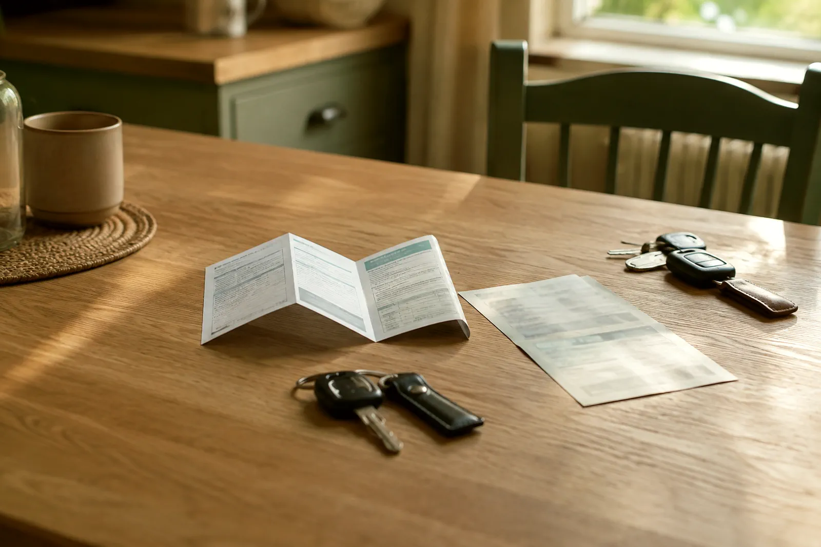 L’avis reçu pour un volant qu’on ne tenait pas Sur une table de cuisine en chêne, un avis plié et un certificat d’immatriculation illisibles, et deux trousseaux de clés de voiture distincts — l’un près des documents, l’autre repoussé au bord de la table.