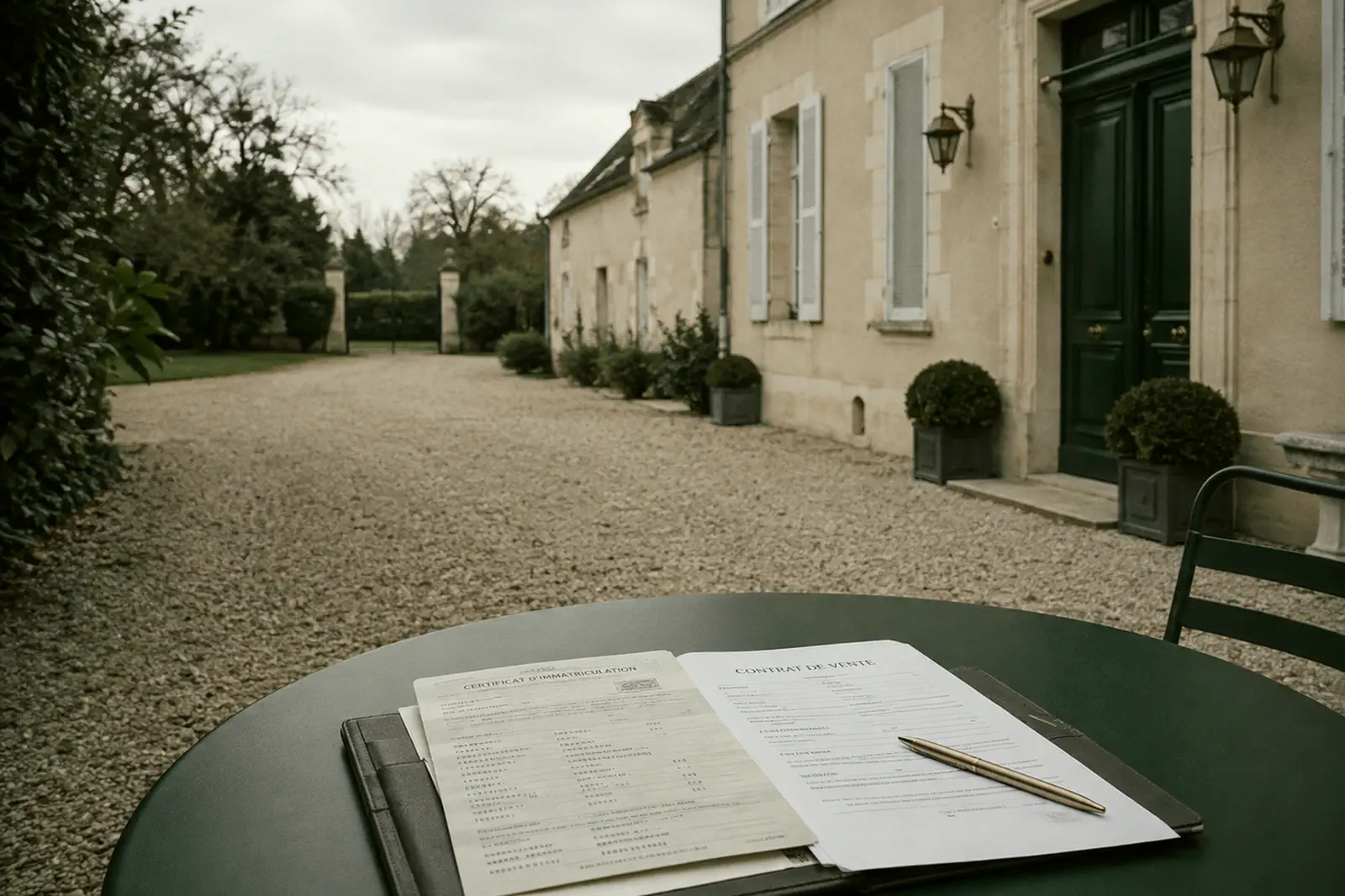 Un certificat d’immatriculation et un contrat de vente posés sur une table de jardin, devant une allée de gravier vide.