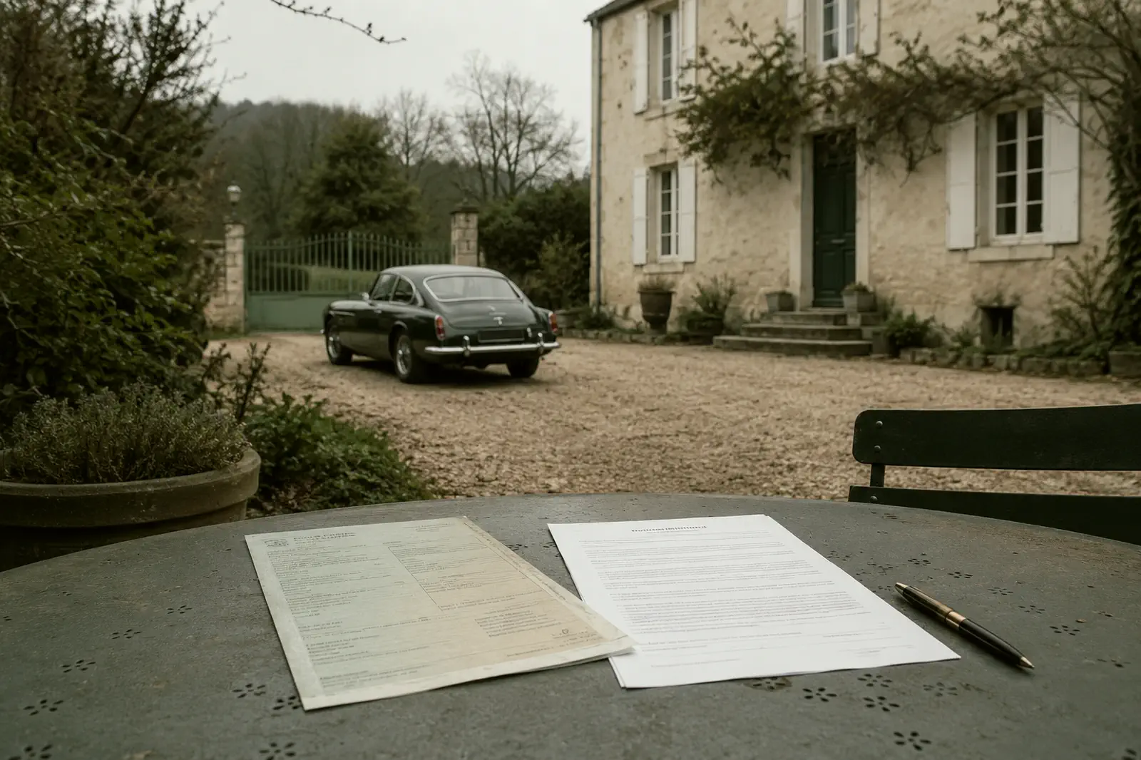 Carte grise et contrat de vente entre particuliers Sur une table de jardin, une carte grise et un contrat de vente ; au fond, une voiture ancienne dans la cour gravillonnée d’une maison.
