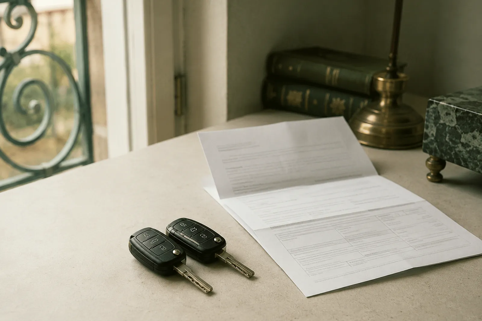 Les deux clés du véhicule et la lettre de l’assureur Deux clés de voiture identiques posées côte à côte sur une table, à côté d’un formulaire de déclaration déplié.